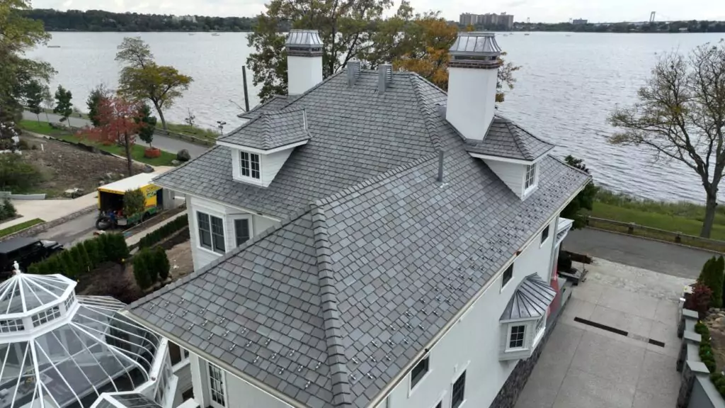 A close-up view of natural slate roof tiles