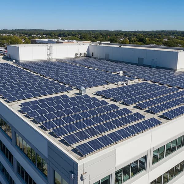 A large commercial building with an extensive rooftop solar panel system