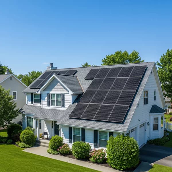 A modern family home with a new solar panel installation on the roof