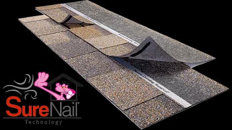 Close-up of the Owens Corning SureNail fabric strip on a Duration shingle.