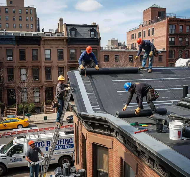 Low-slope membrane roof being replaced on a brownstone rowhouse in Park Slope, Brooklyn